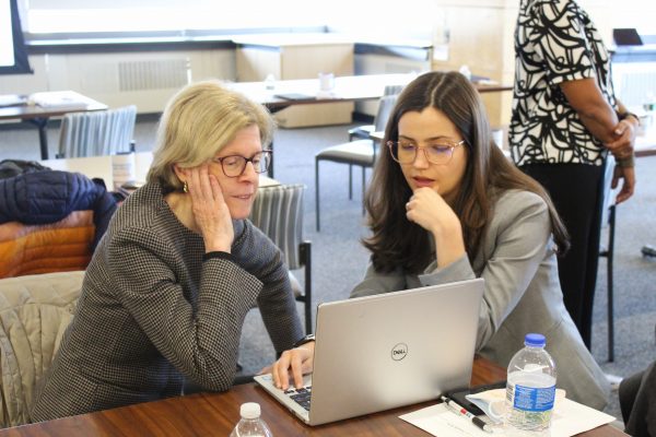 Two Principal Investigators look at a computer.
